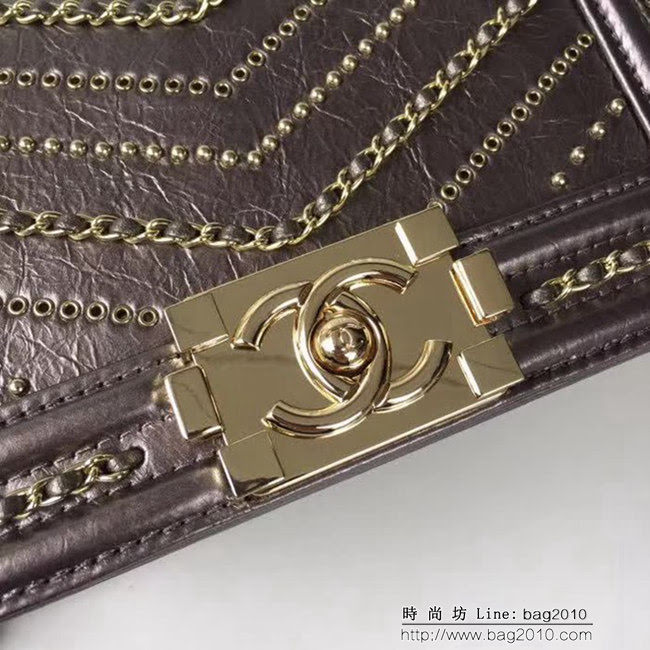 香奈兒CHANEL 銅灰色2018FW款皺紋小牛皮編織V線鏈條單肩斜挎包 DSC2118